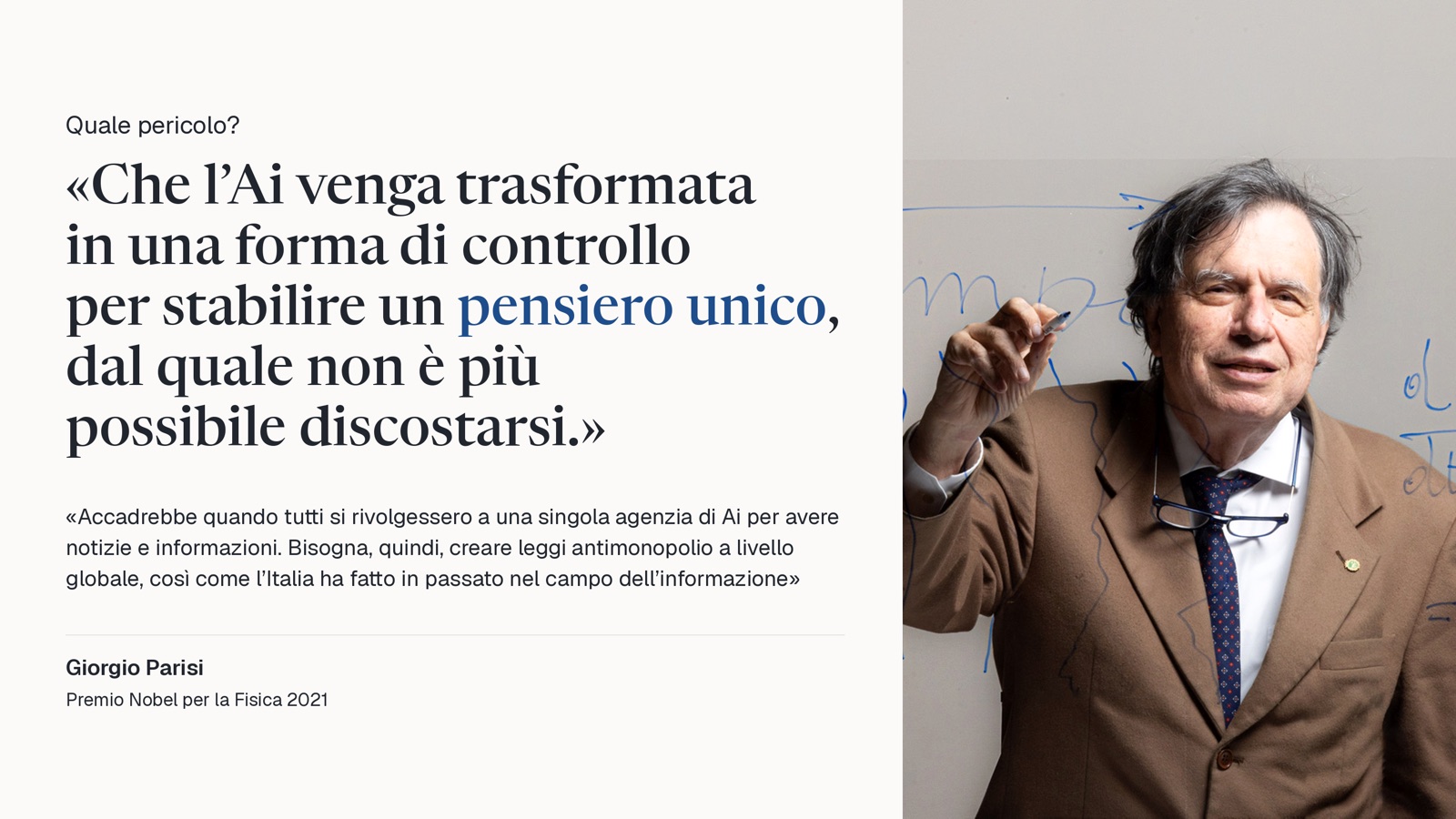 Card con la citazione di Giorgio Parisi sull’AI e il pensiero unico, accanto a una sua foto.